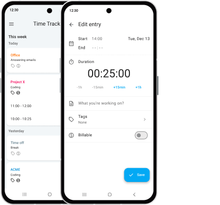 Aplicación de rastreo de tiempo móvil Clockify para Android y iOS.