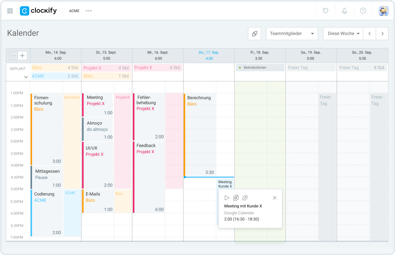 Google Kalender Integration zur Zeiterfassung Screenshot