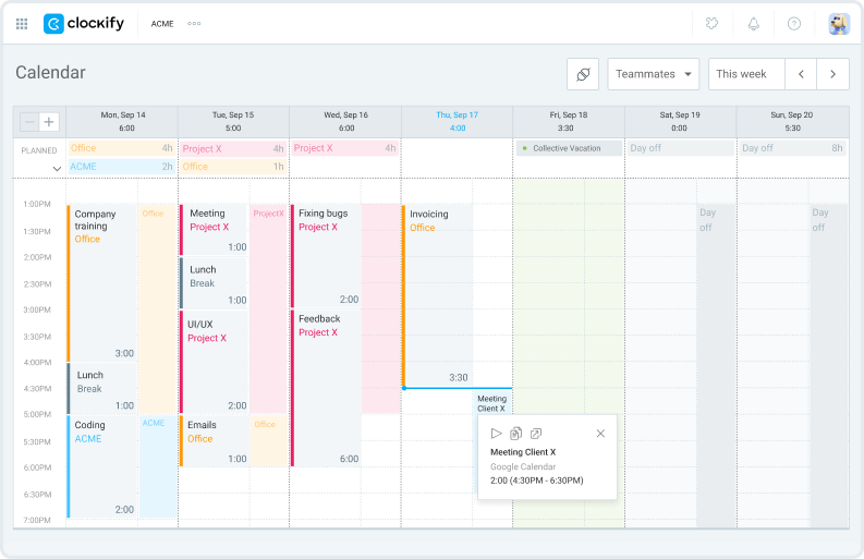 Google Calendar time tracking integration screenshot