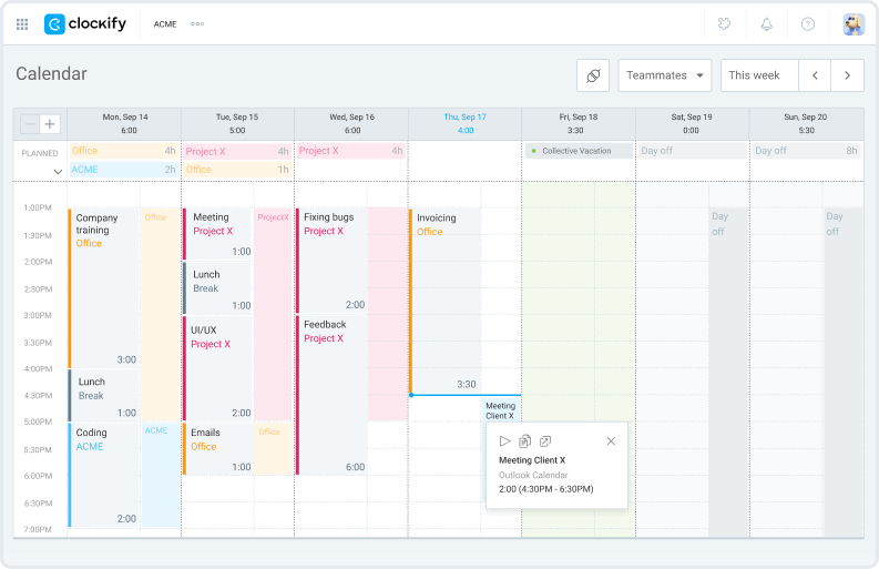 Captura de tela da integração de rastreamento de tempo do Outlook