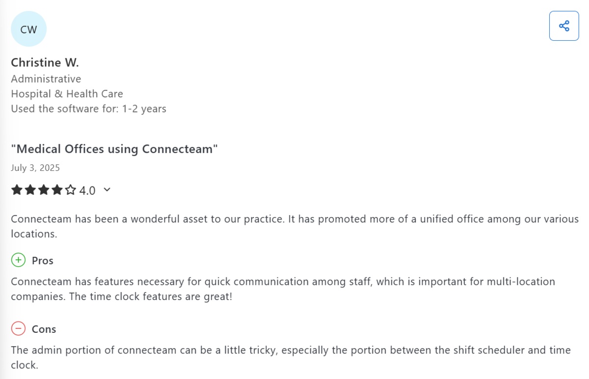Connecteam user review on Capterra