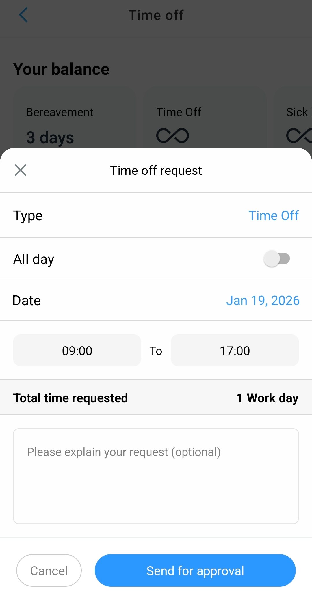 Submitting time off in the Connecteam mobile app