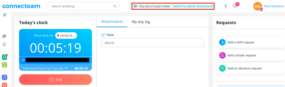 Timer in user&rsquo;s view in Connecteam
