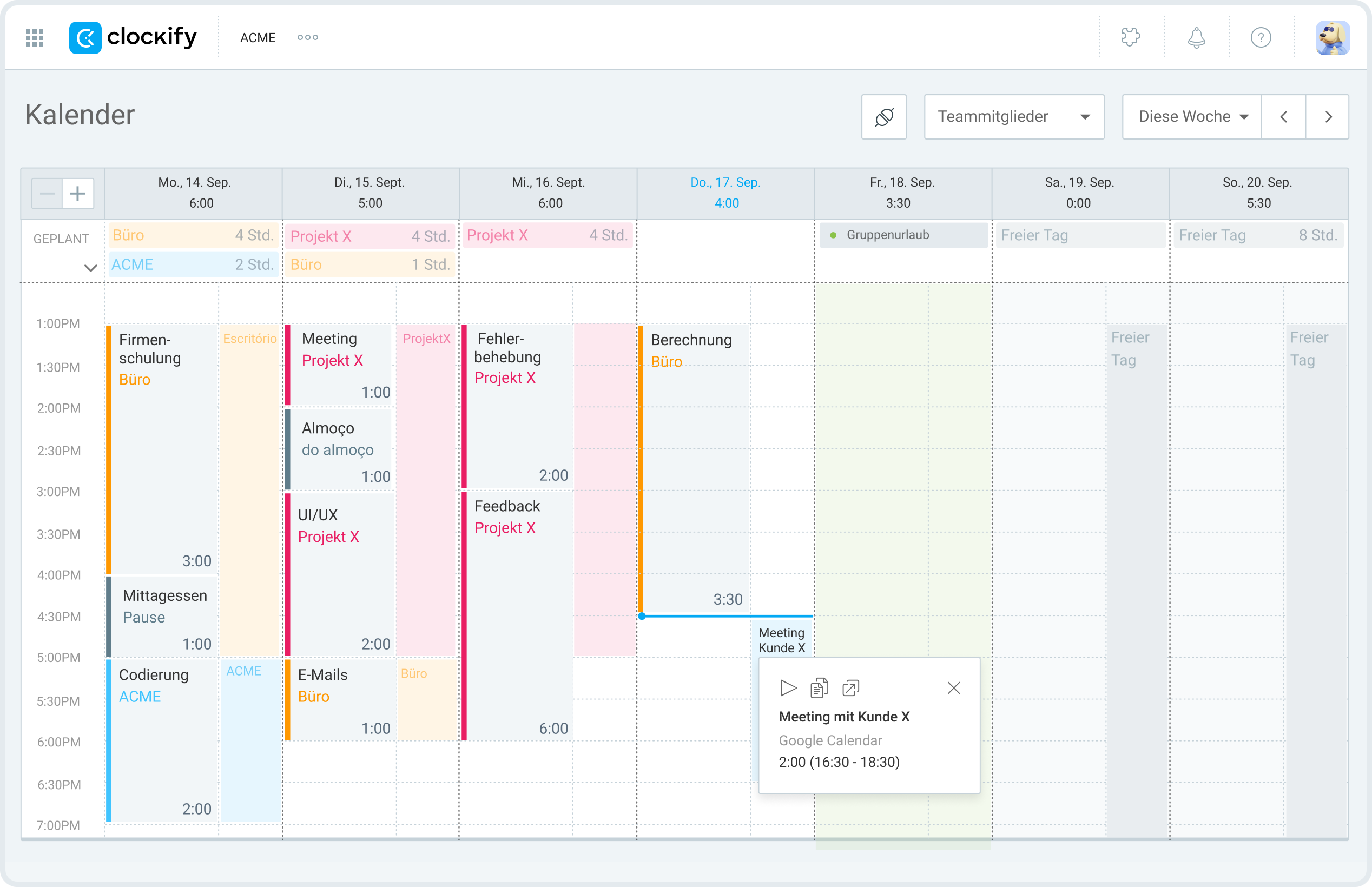 Calendar entries in Clockify