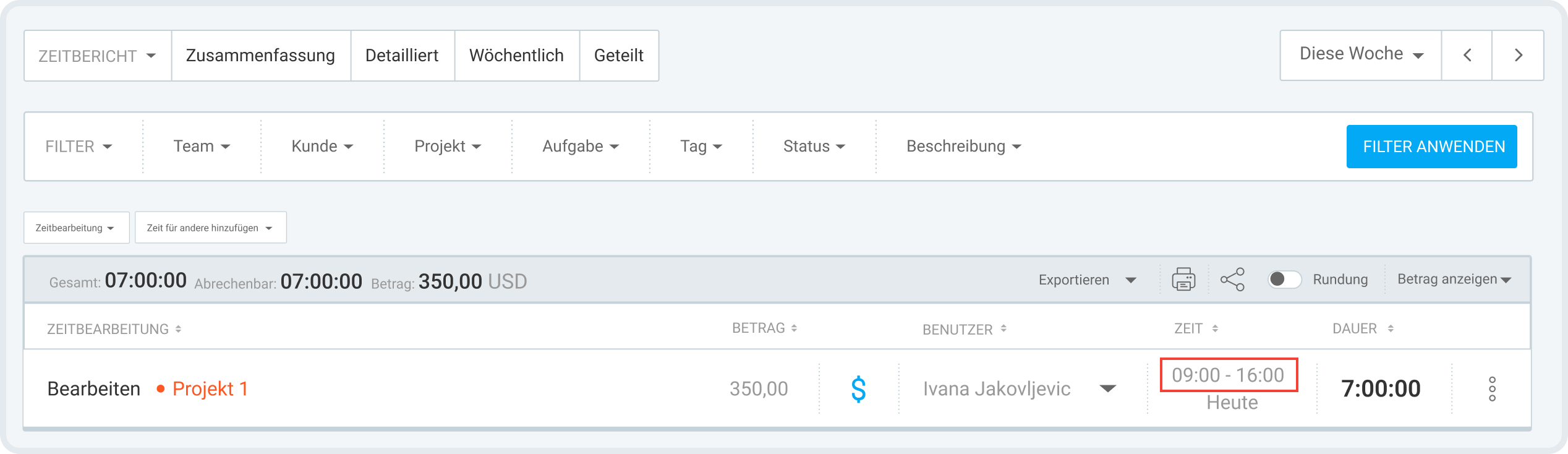 Clockify&rsquo;s detailed report