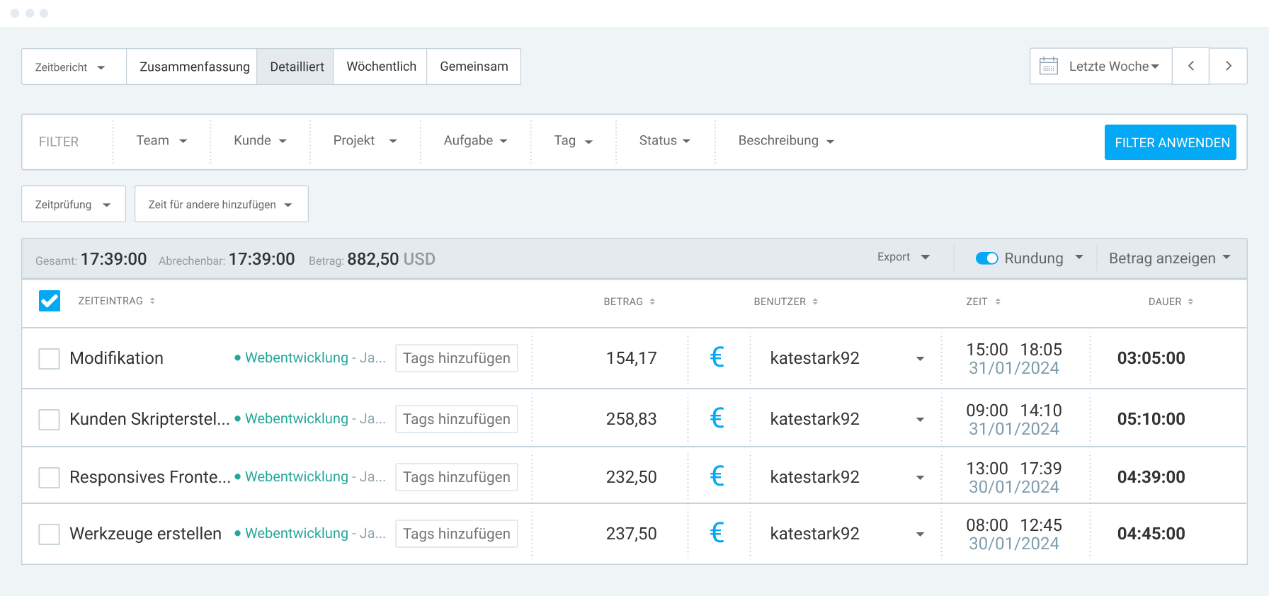 detailed reports in Clockify