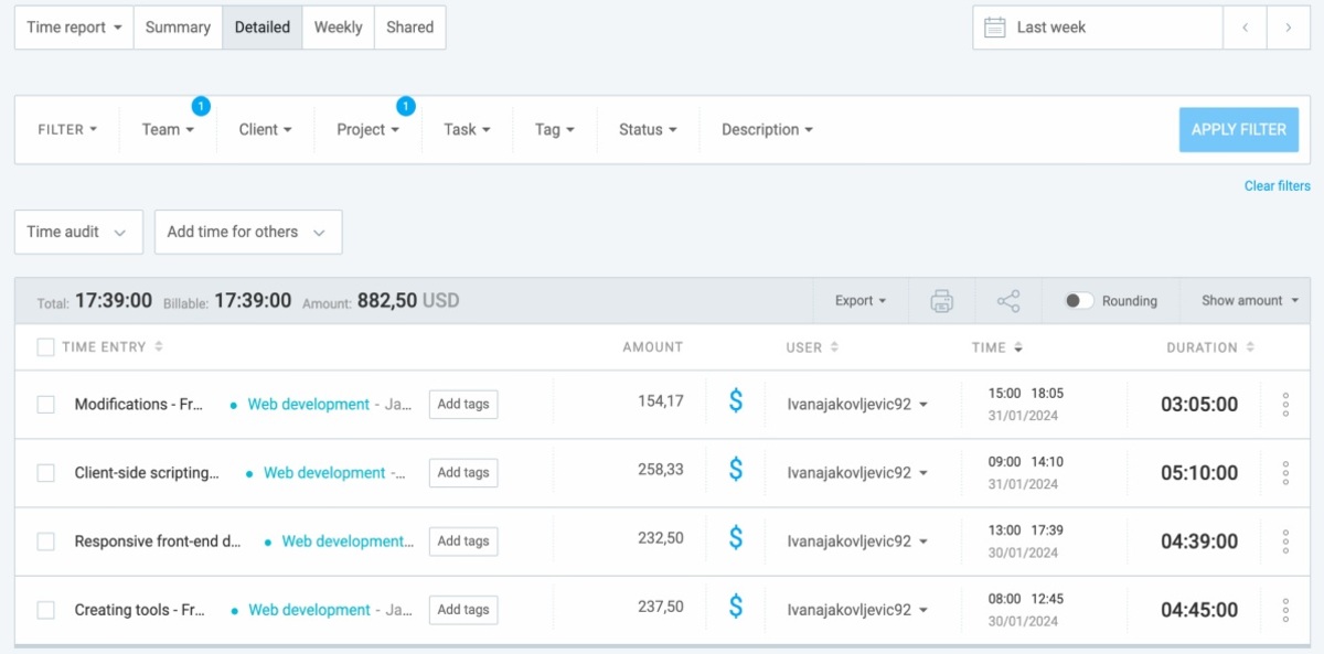 detailed reports in Clockify