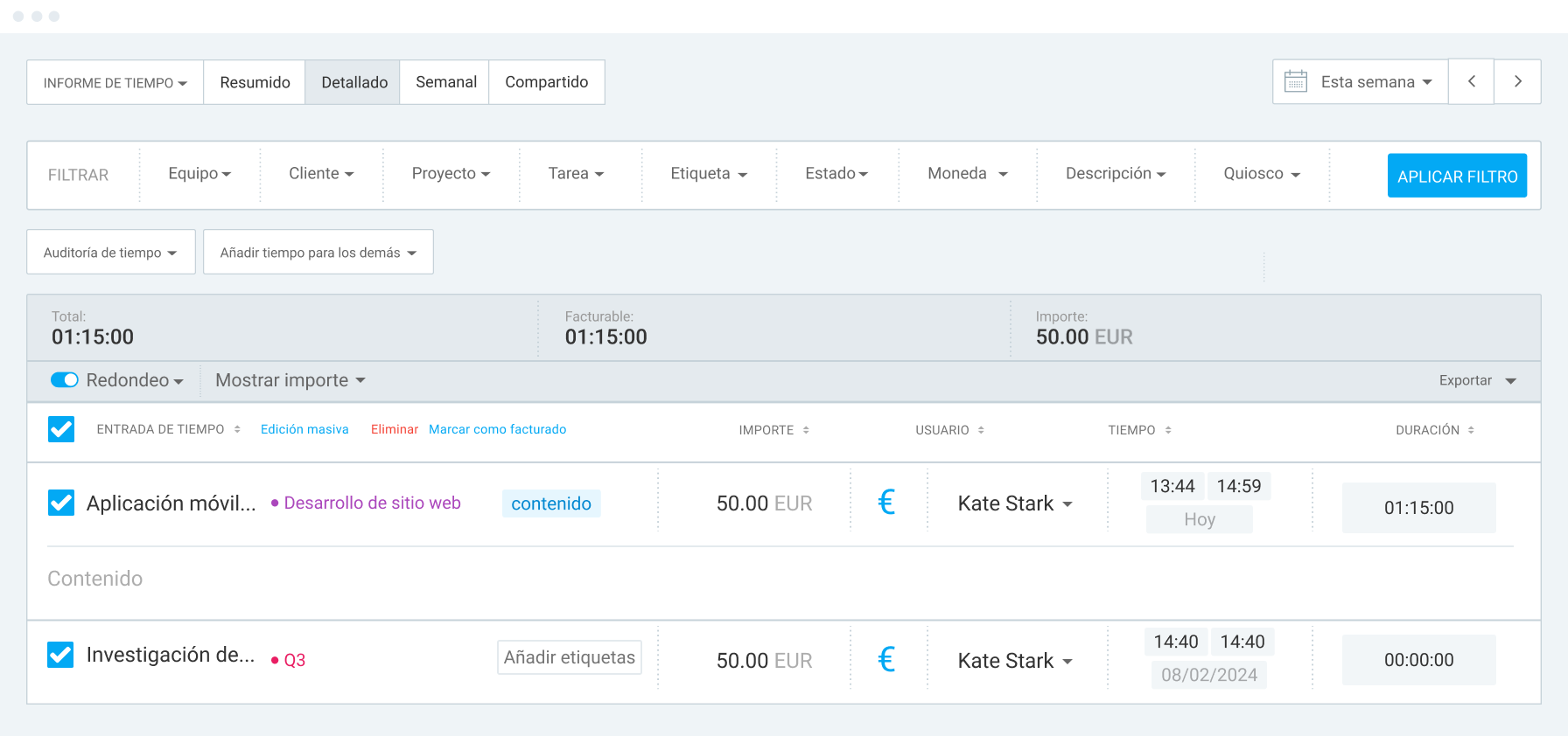 informe detallado en Clockify