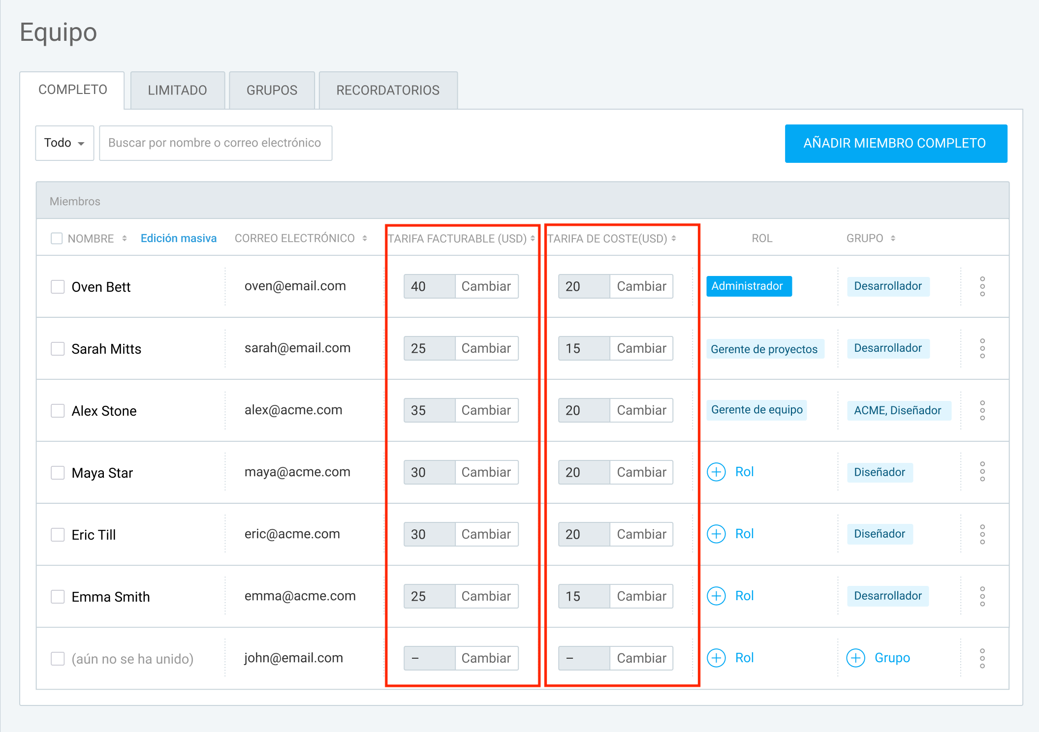 Configura tarifas facturables en Clockify