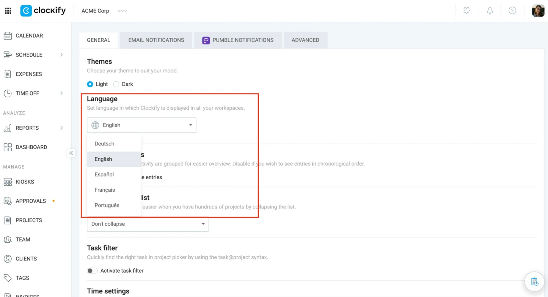 Select your language in Clockify’s General settings