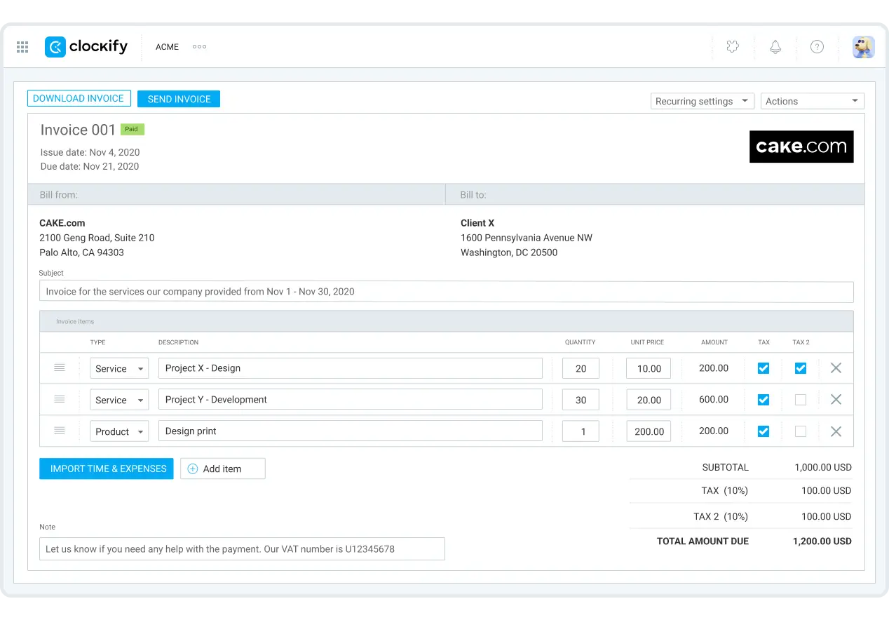 You can customize your invoices with Clockify