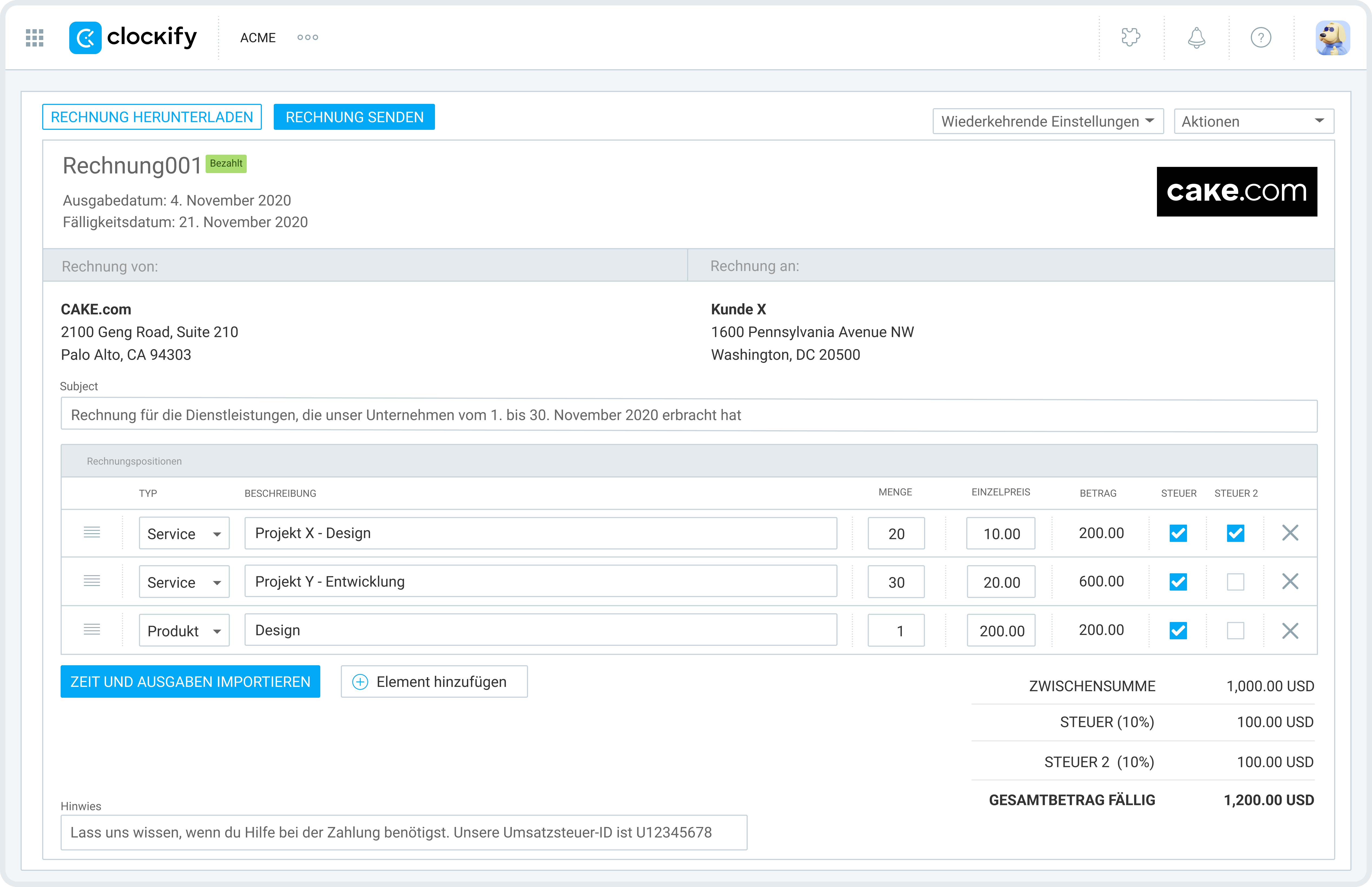 automatically generated invoice in Clockify