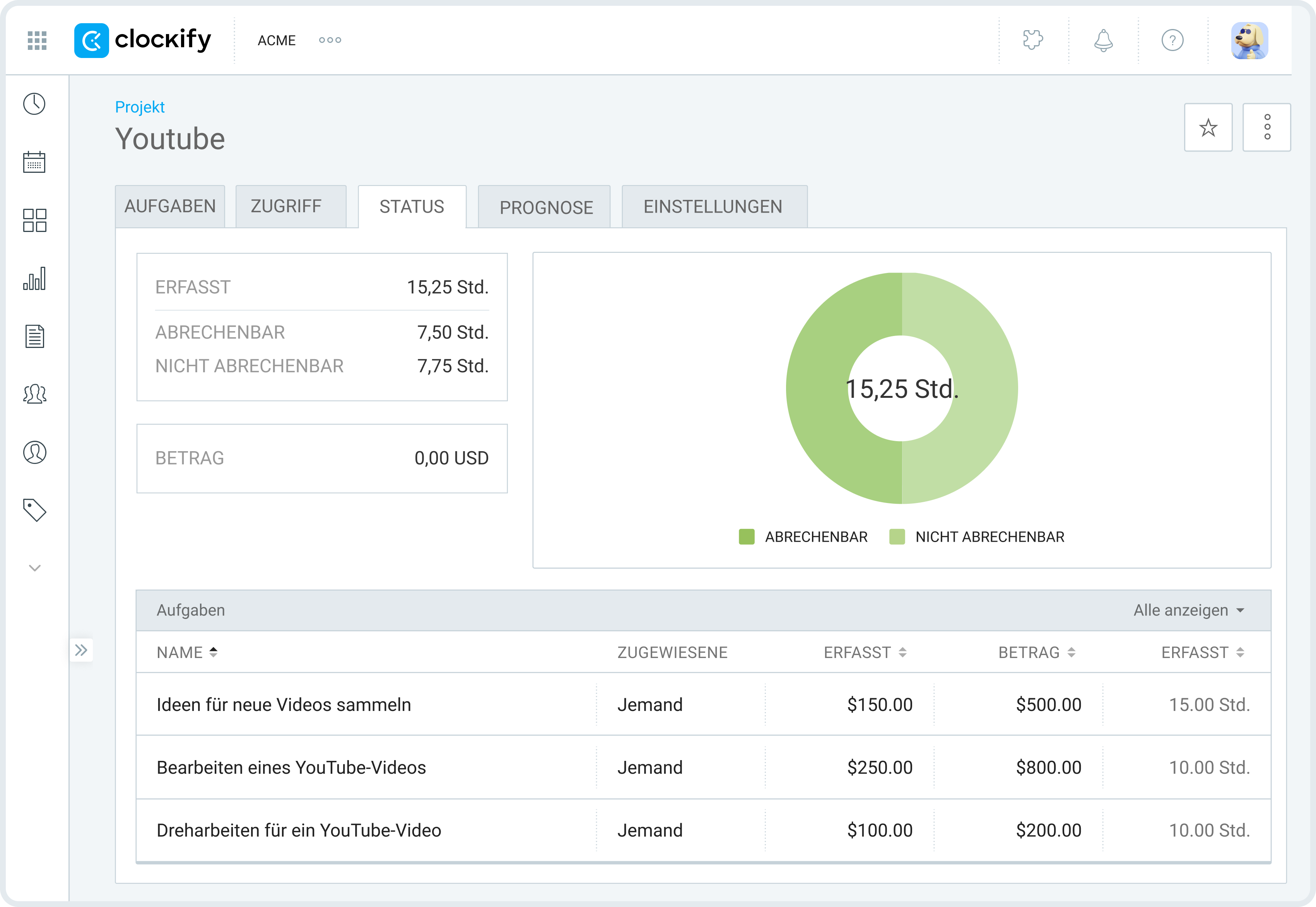 Projects in Clockify