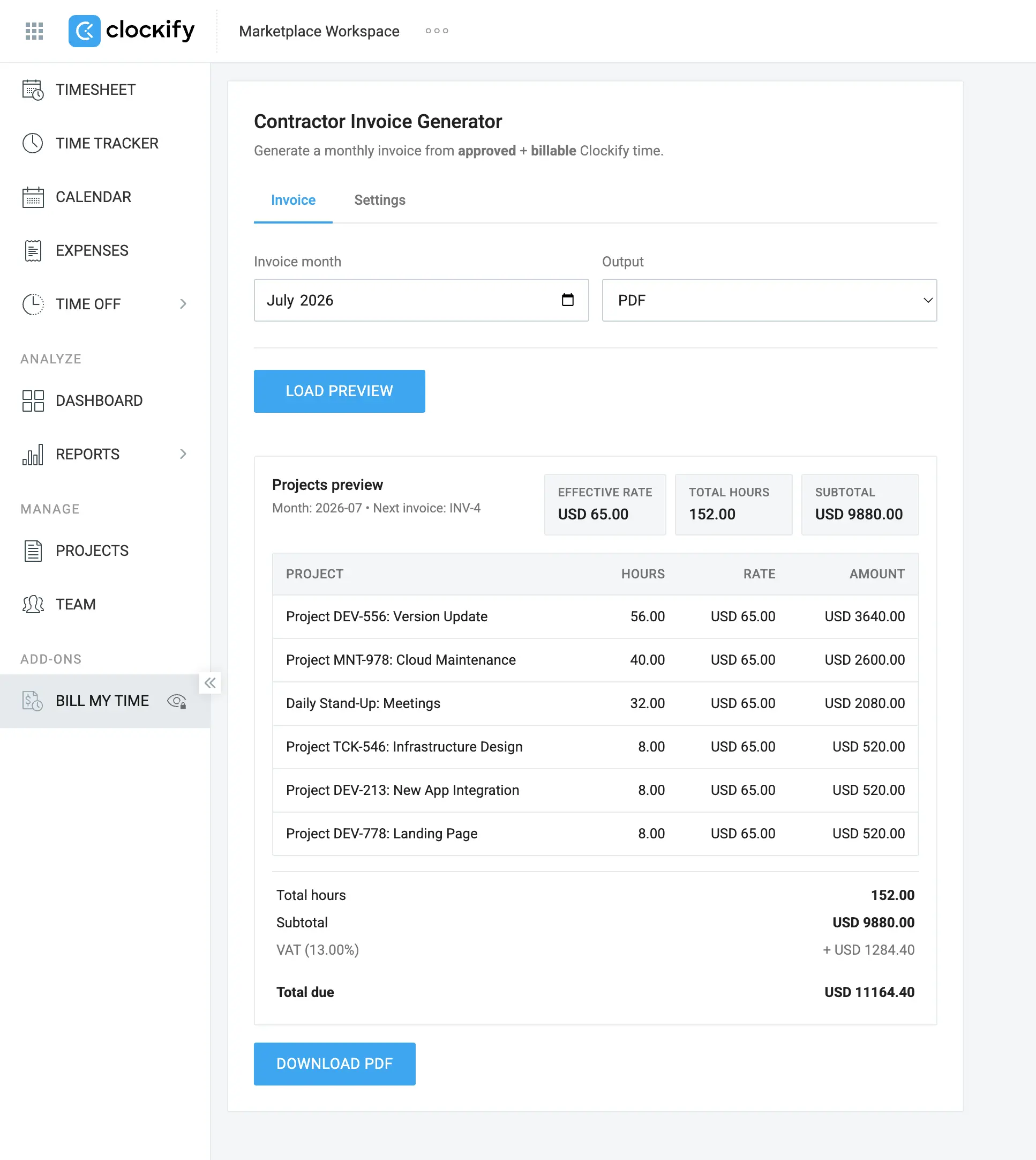 Contractor Invoice Generator add-on