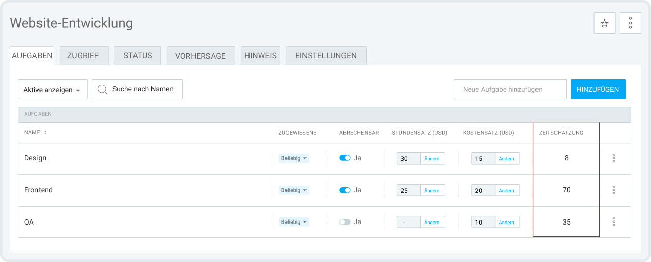 Time estimate in Clockify Projects