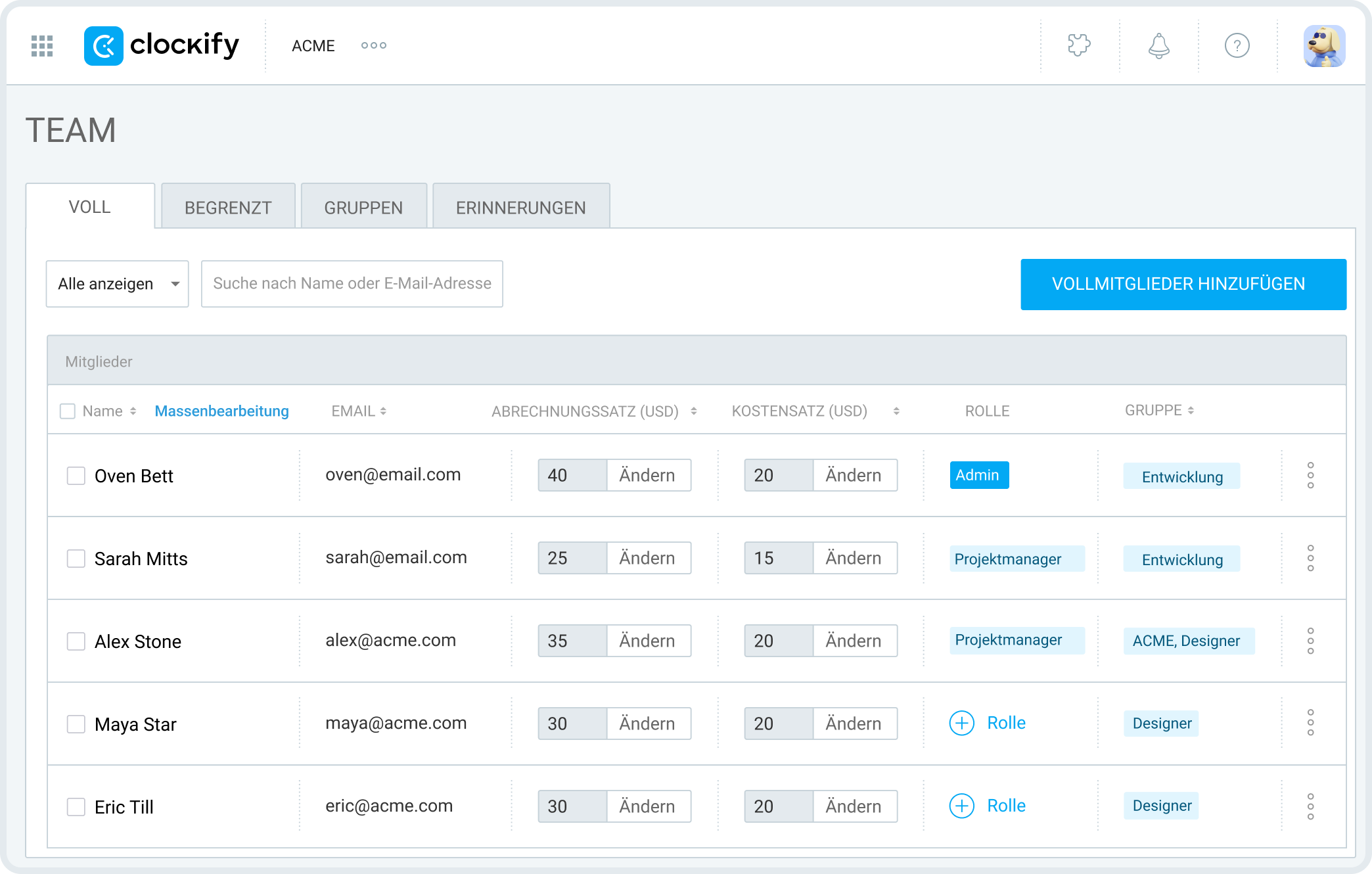 team time tracking in Clockify