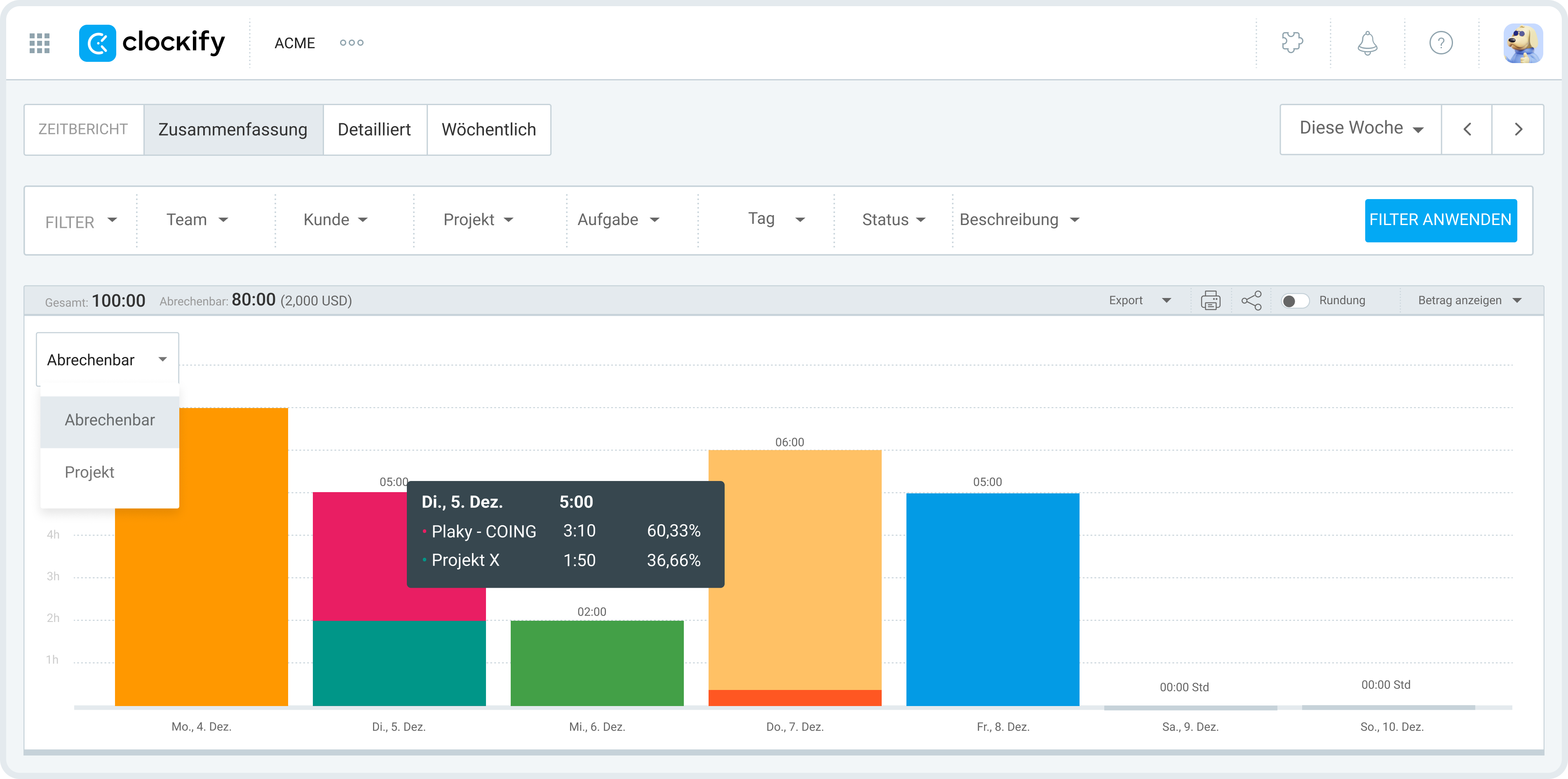 Summary report in Clockify