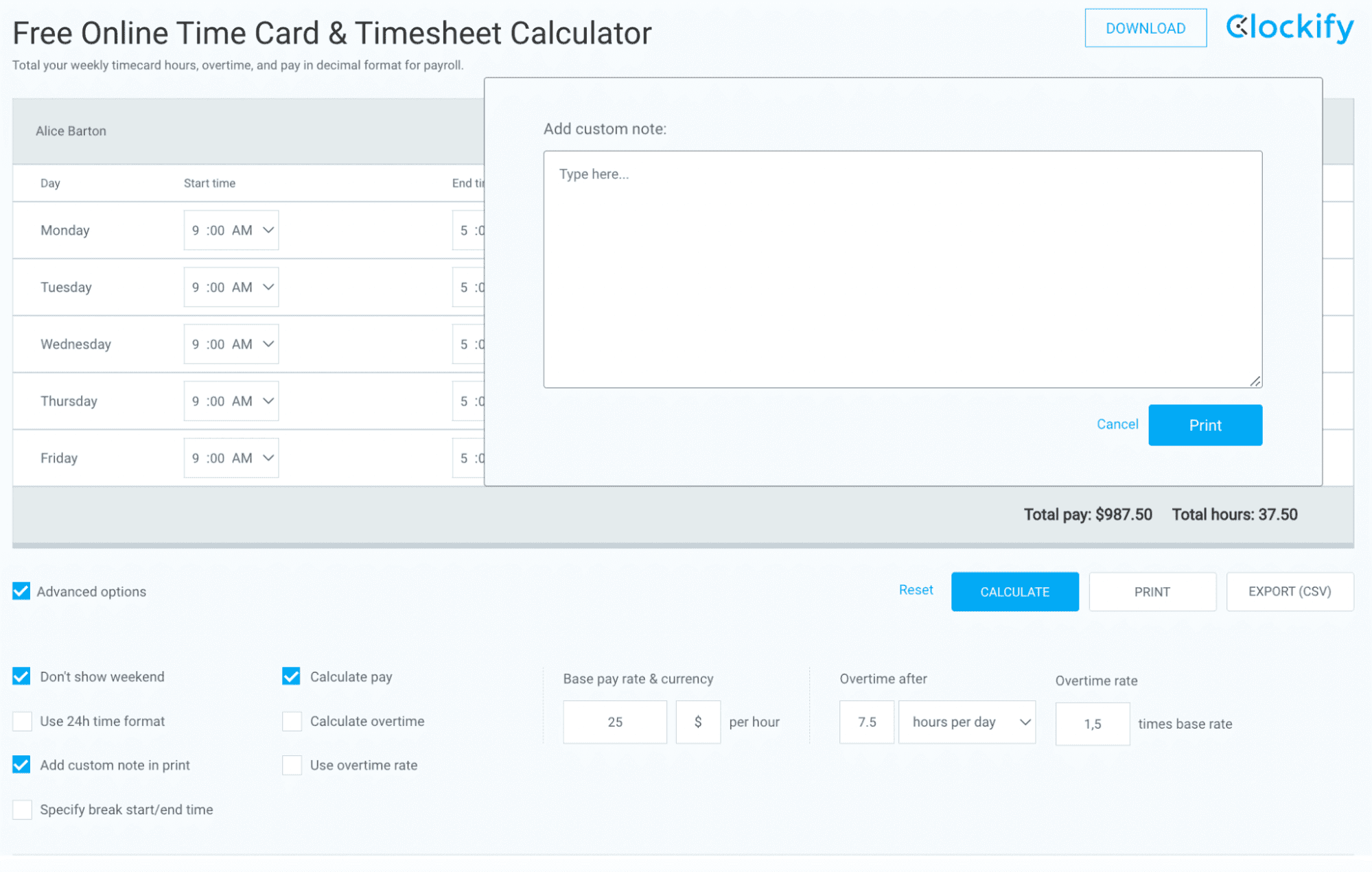 Customize the time card in the time card calculator