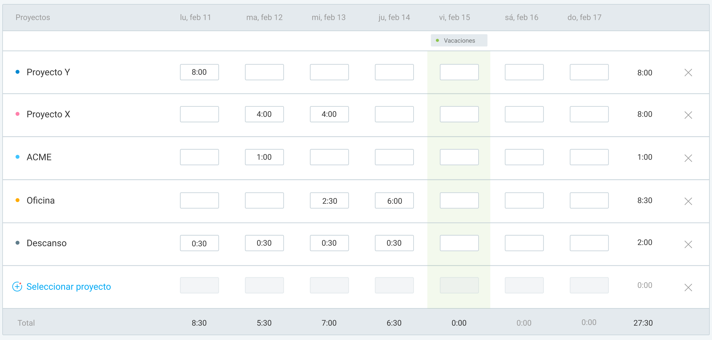 Planillas de horarios en Clockify