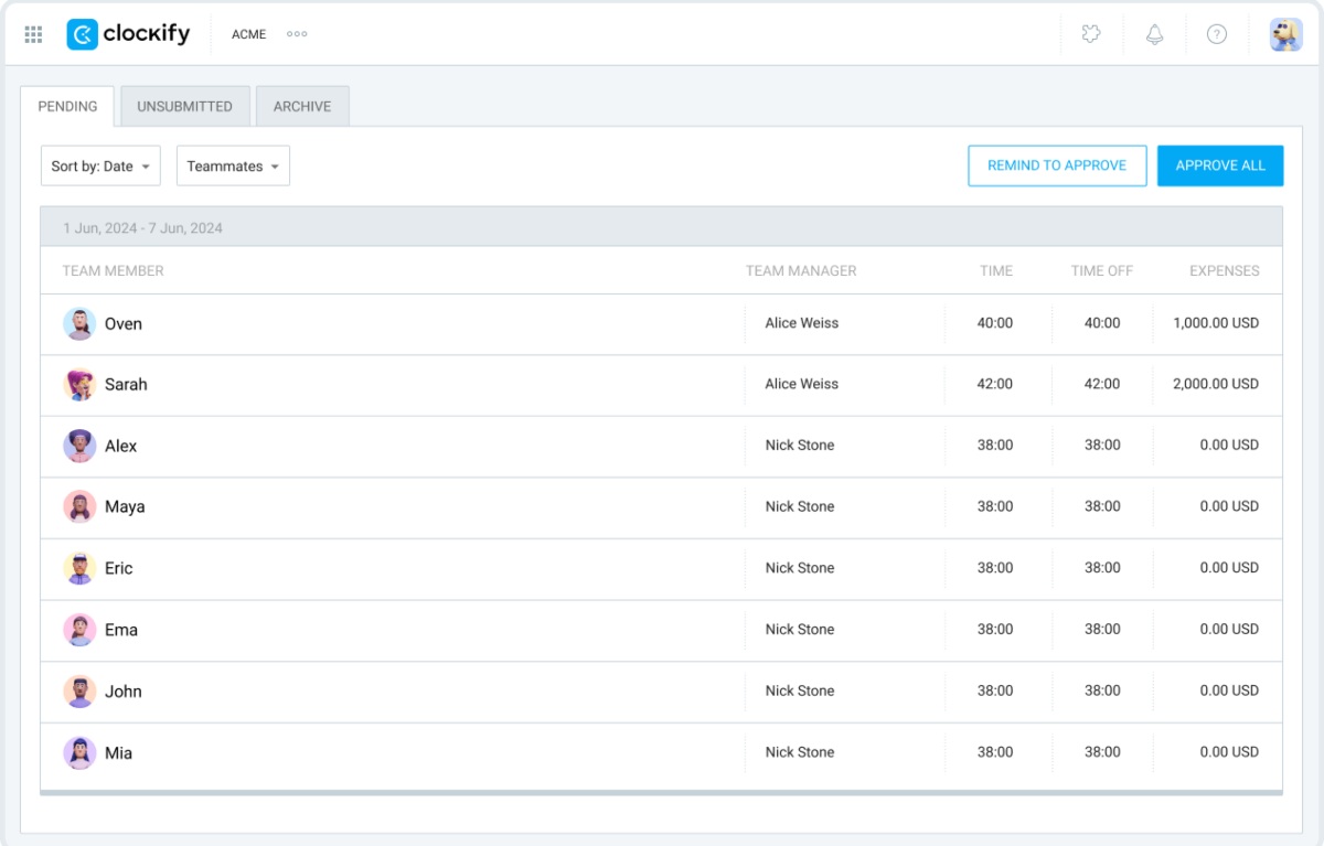 Timesheet approval in Clockify