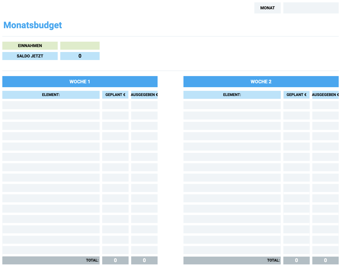 Einfache Vorlage für das Monatsbudget