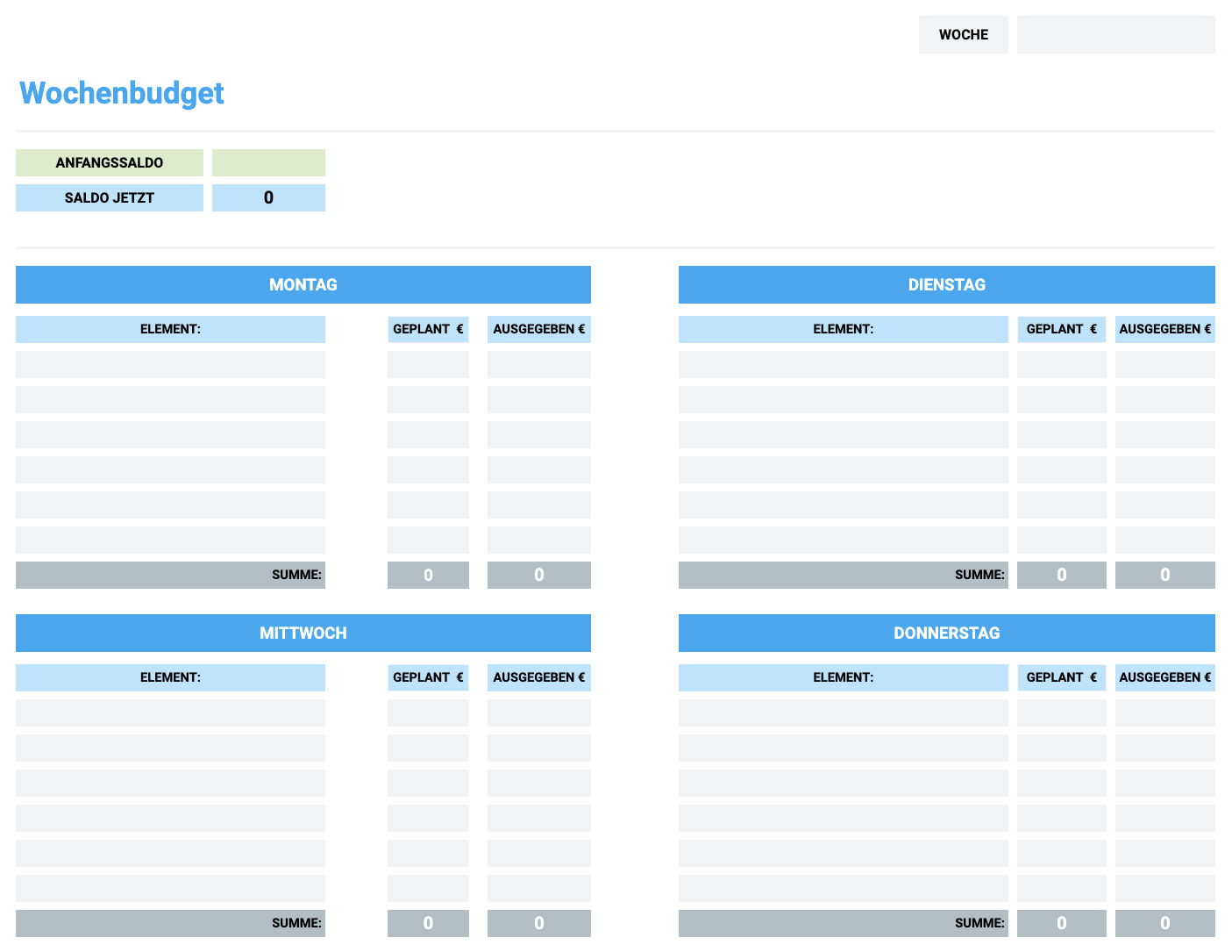 Einfache Vorlage für das Wochenbudget
