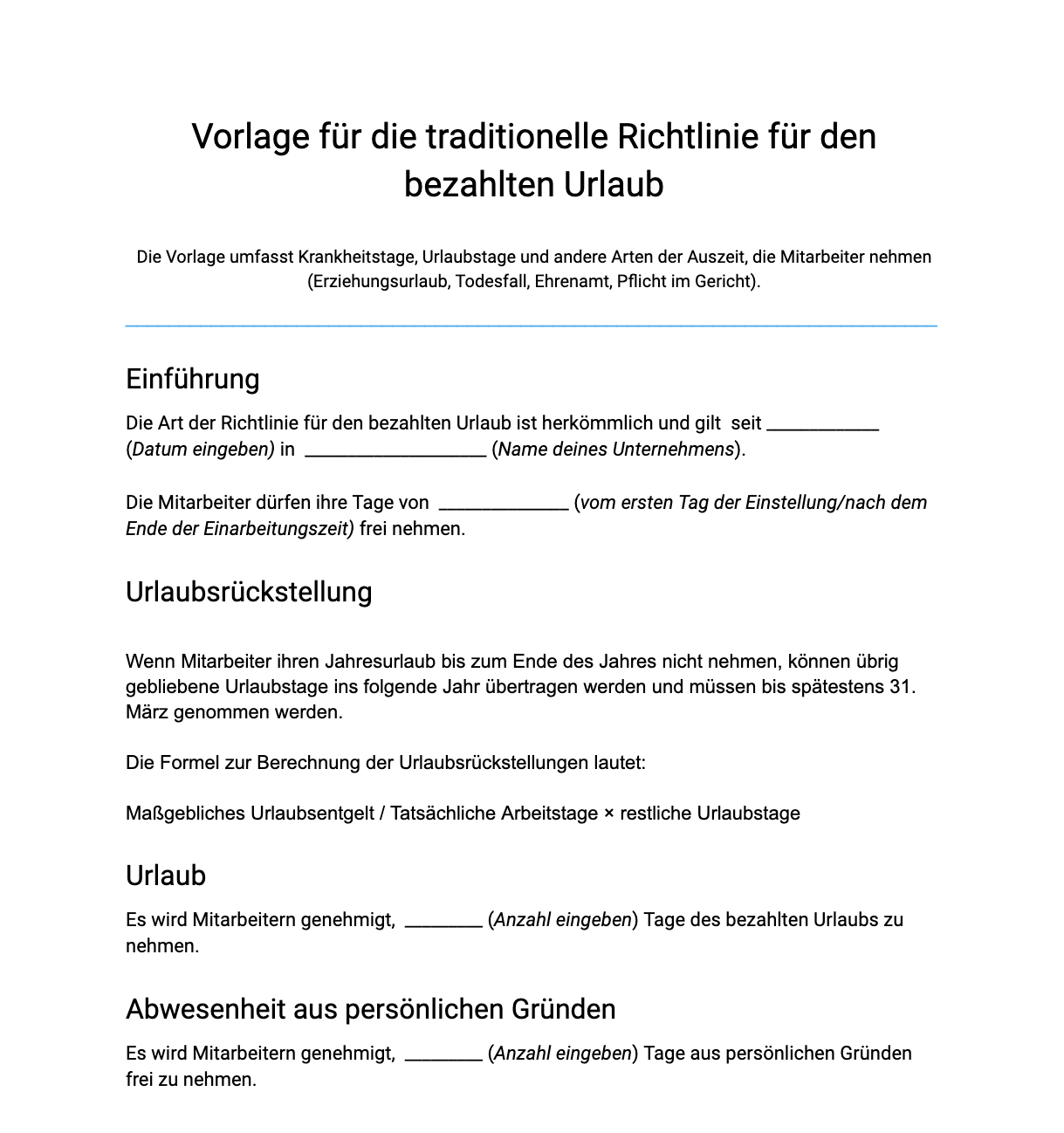 Vorlage für traditionelle Urlaubsrichtlinie