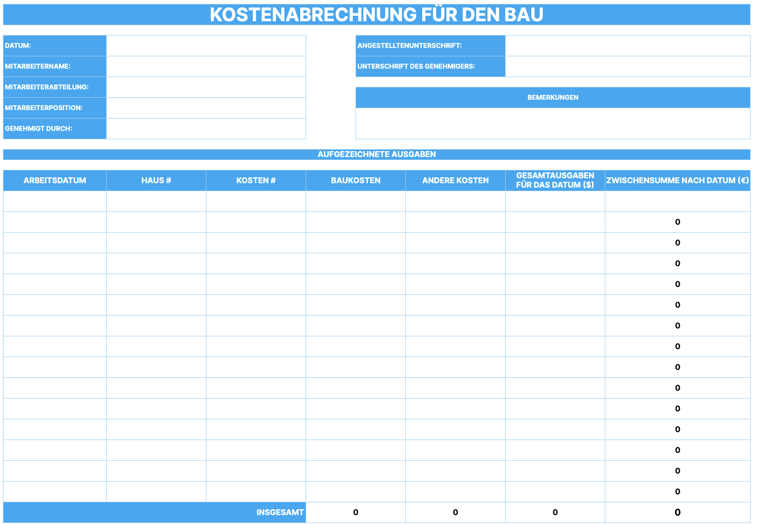 Preview of the Expense Report for Construction Template