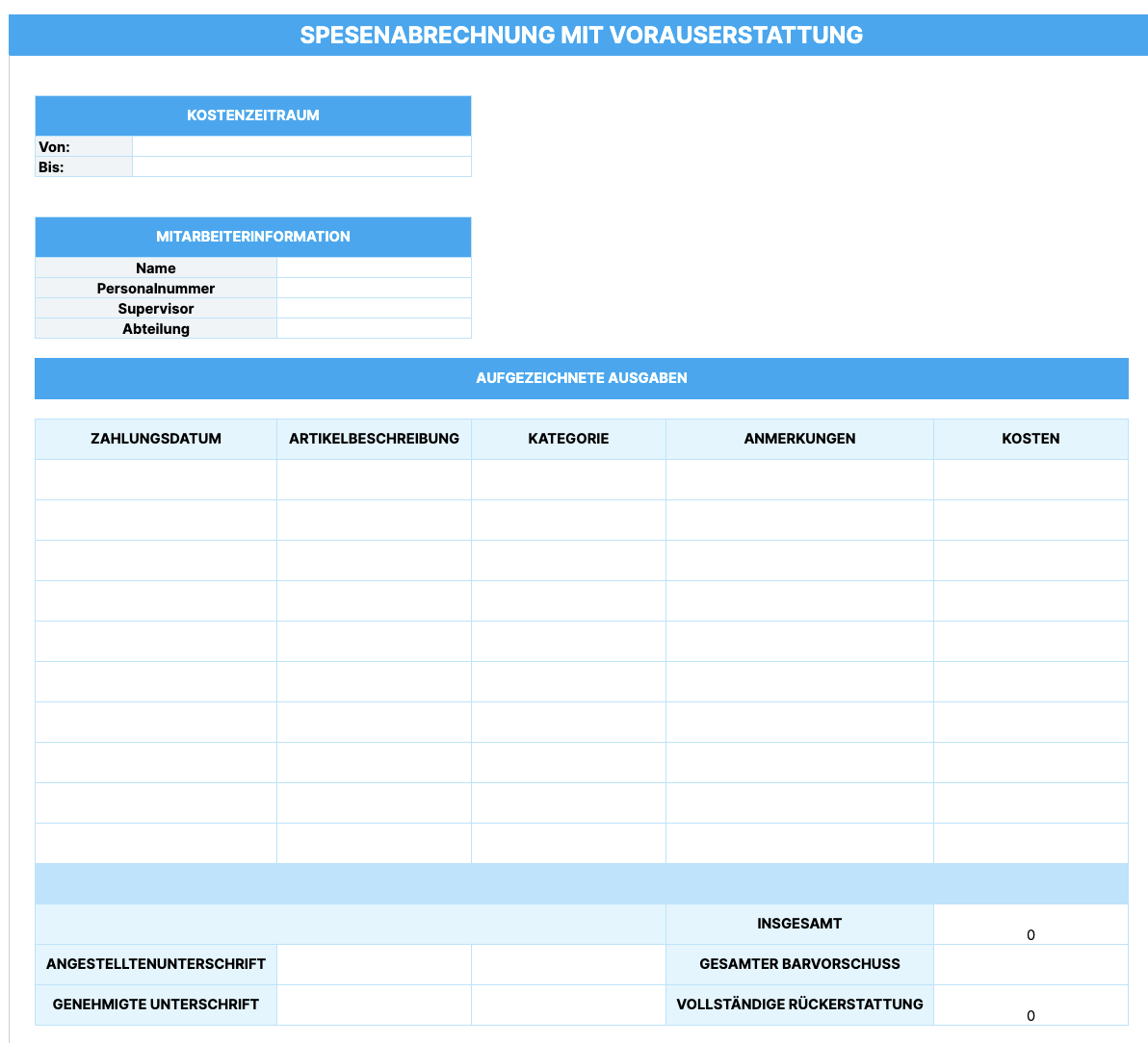 Preview of the Expense Report with Advance Reimbursement Template