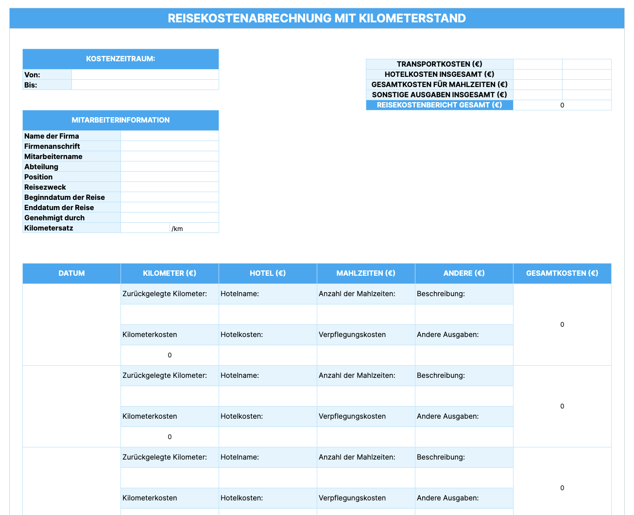 Preview of the Travel Expense with Mileage Report Template