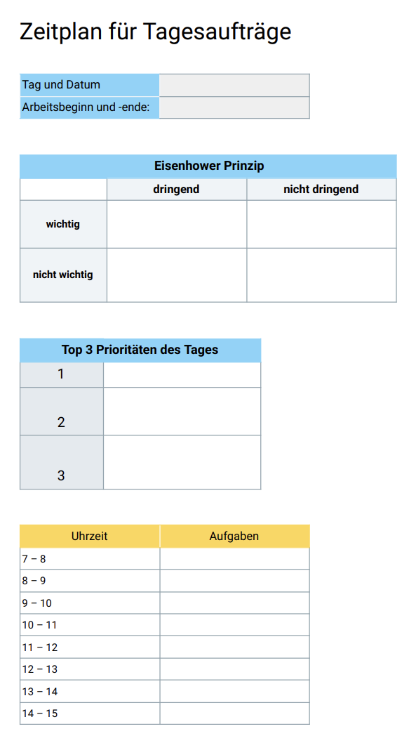 Tagesplan-Vorlage für Aufträge