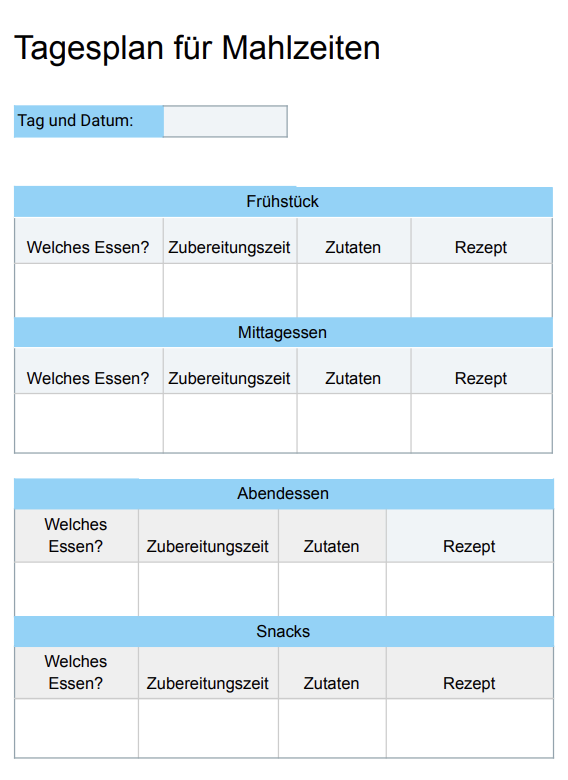 Tagesvorlage für Essenspläne