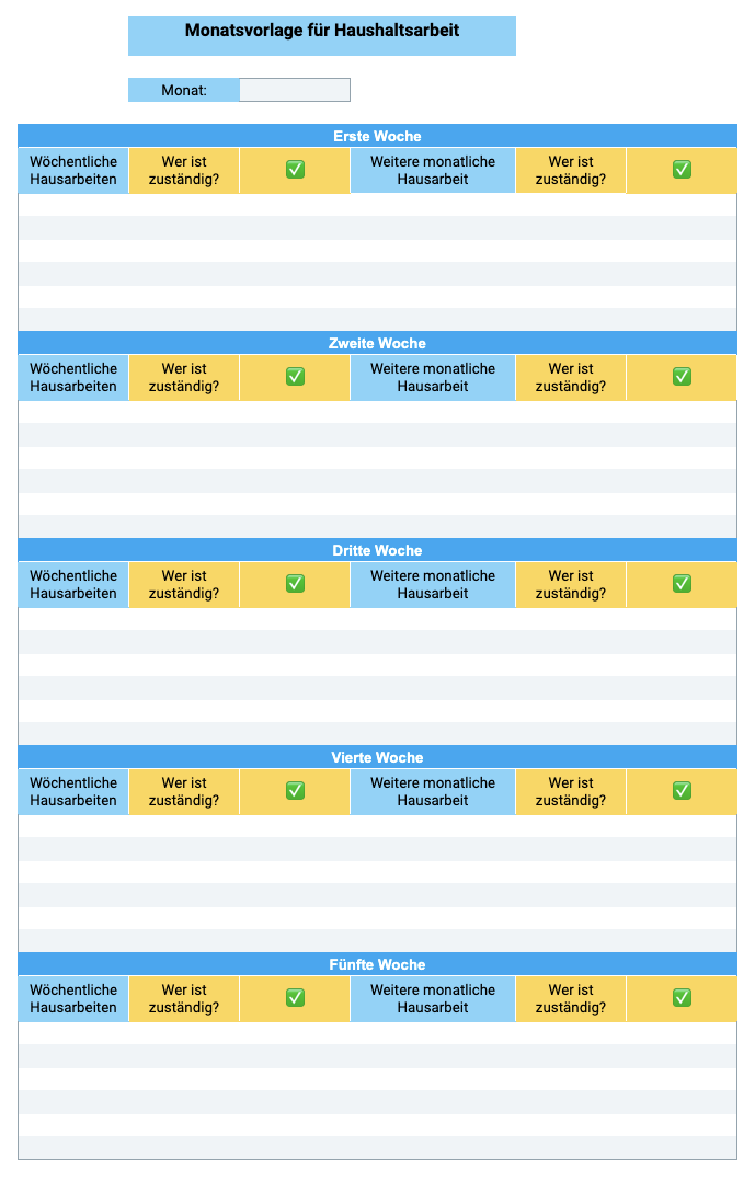 Monatliche Zeitplanvorlage für Haushaltsarbeit