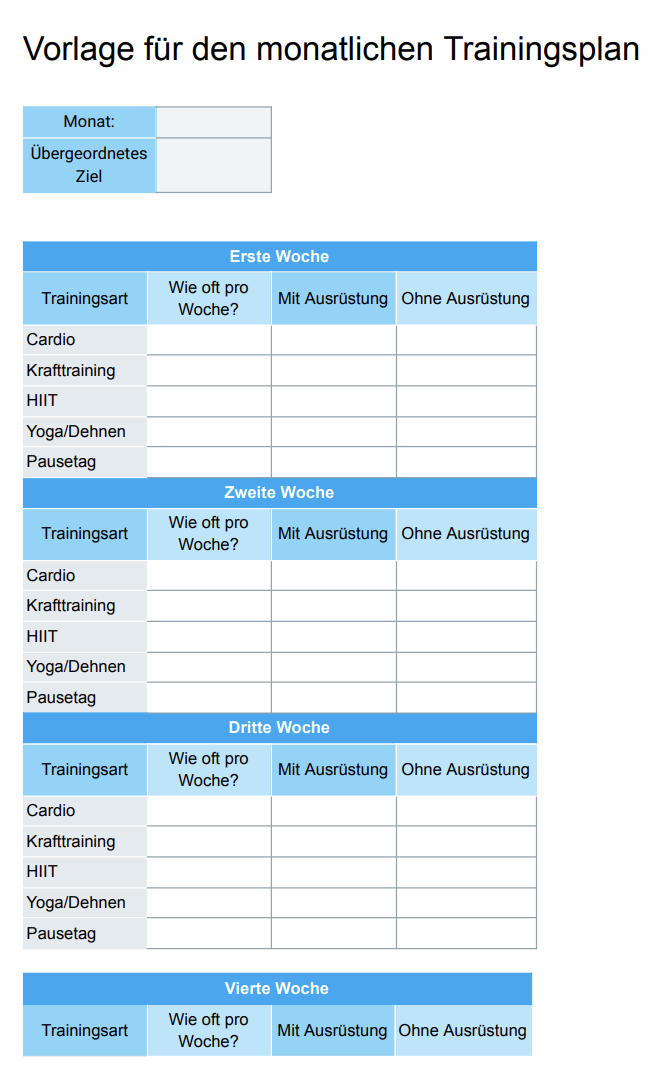 Vorlage für monatliche Trainingspläne