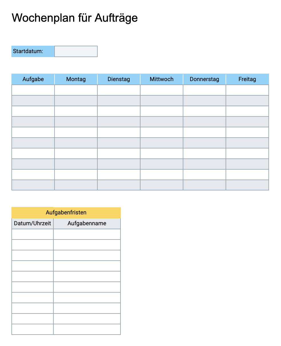 Wochenplan Vorlage für Aufträge