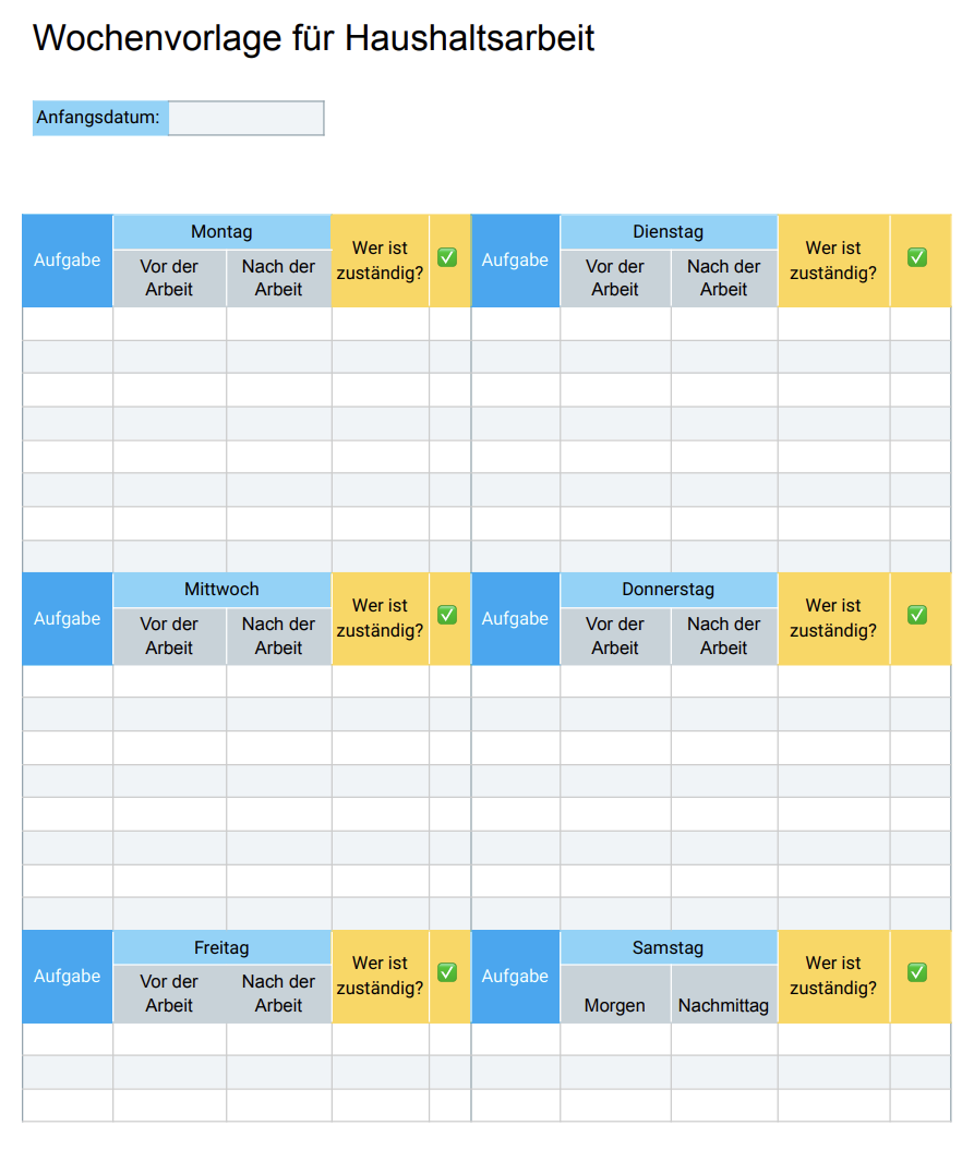 Wöchentliche Zeitplanvorlage für Haushaltsarbeit