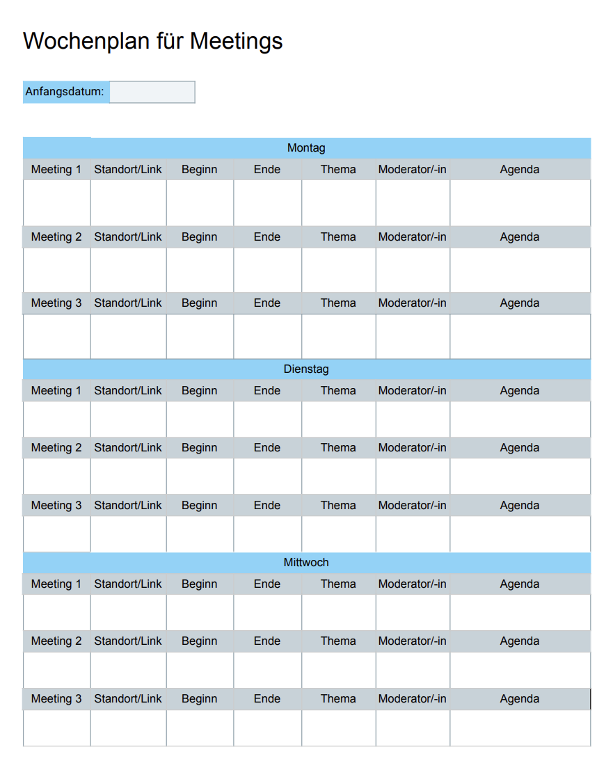 Wochenplan für Meetings