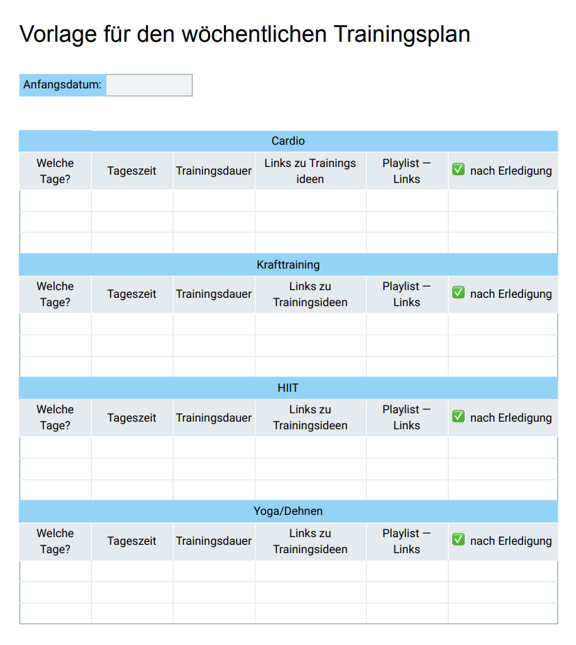 Vorlage für die wöchentlichen Trainingspläne