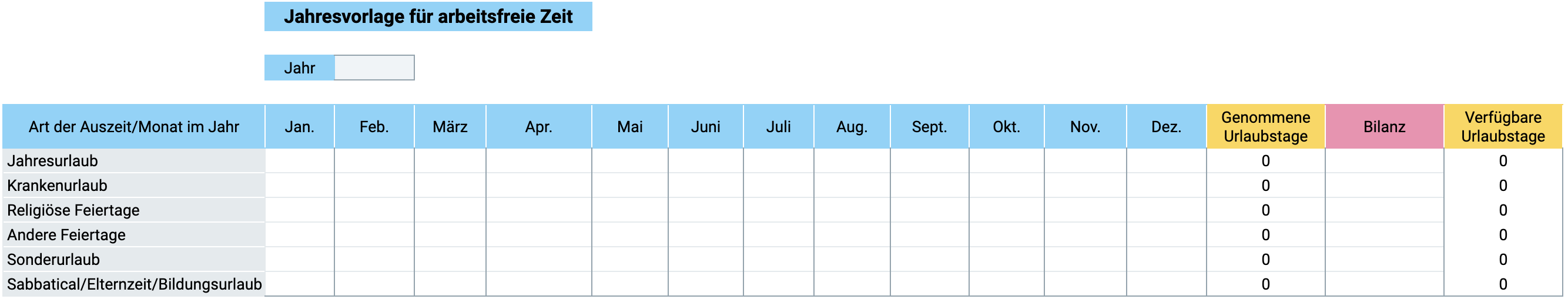 Jahresplan für arbeitsfreie Zeit