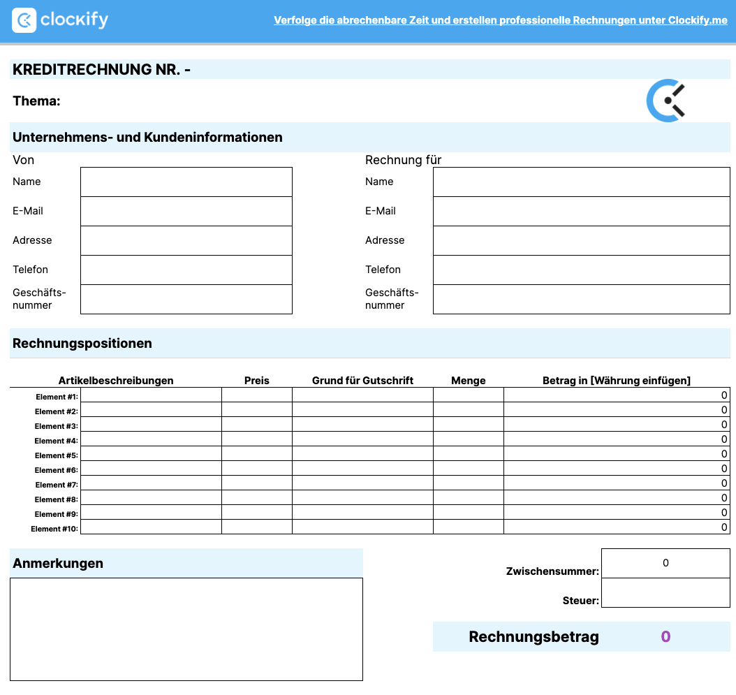 preview of Credit Invoice Template