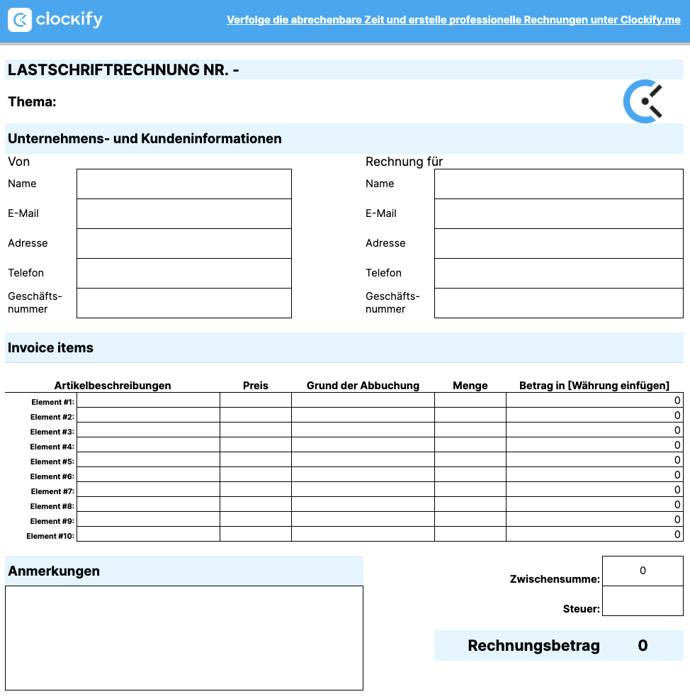 preview of Debit Invoice Template