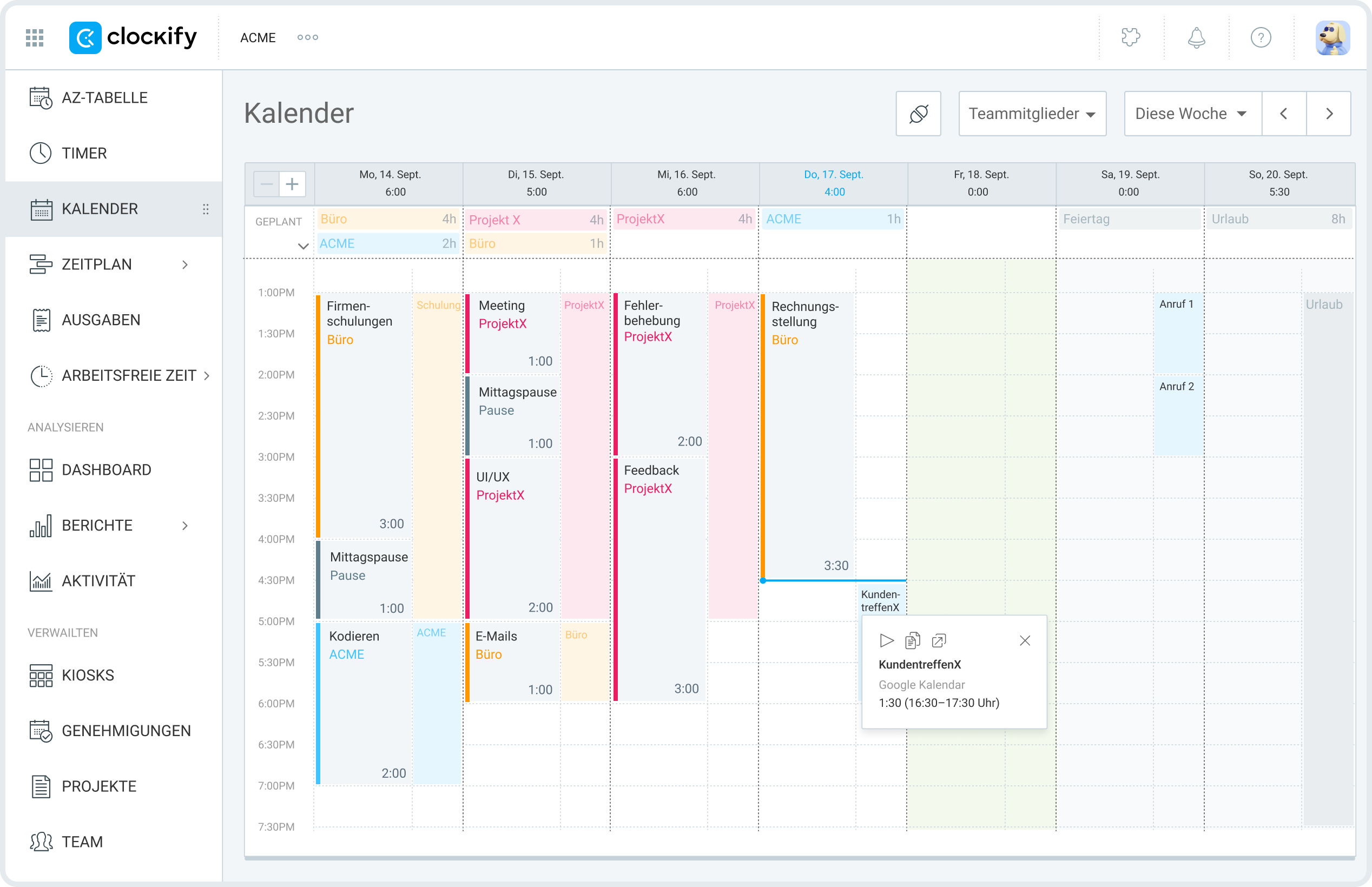 calendar feature in clockify