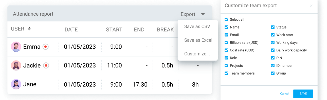 Choose categories you want to include in your team export