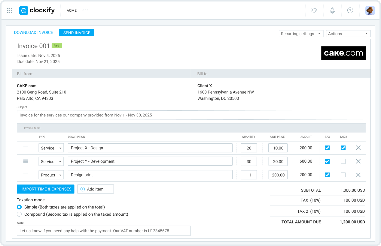 Clockify invoices