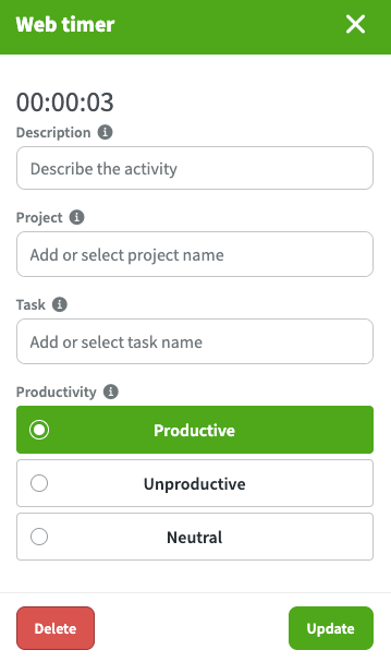 Adding/selecting a project when starting a web timer