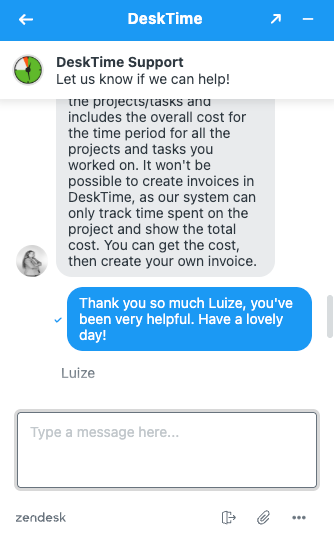 DeskTime live chat support