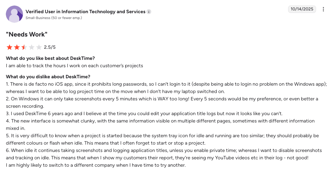 DeskTime user review on G2