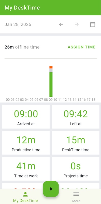Employee&rsquo;s interface in DeskTime&rsquo;s mobile app