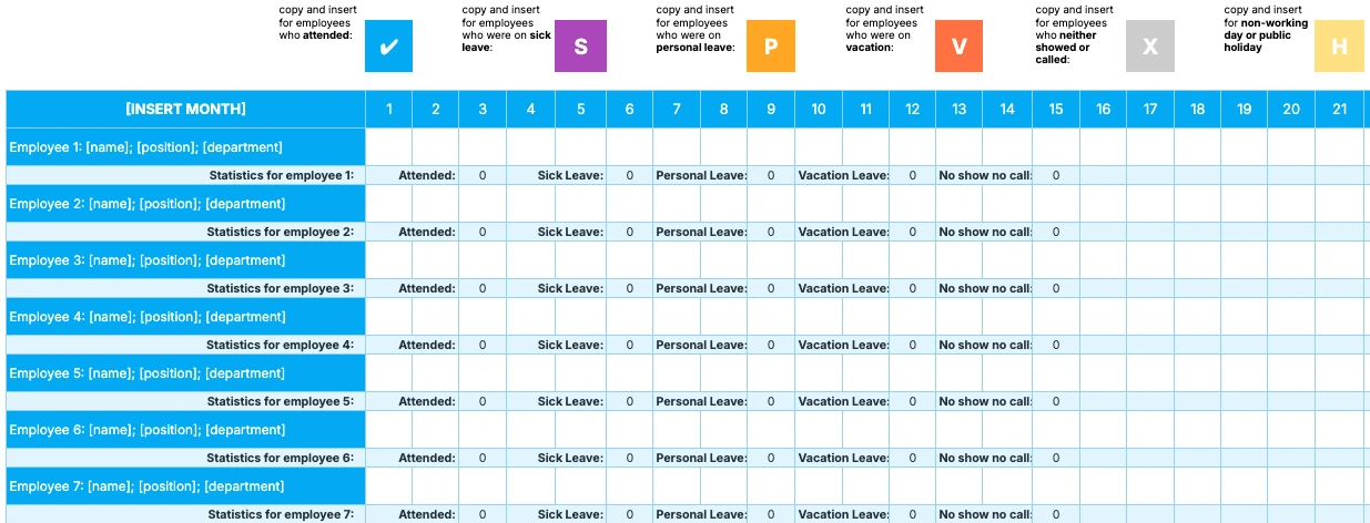 Monthly employee attendance template
