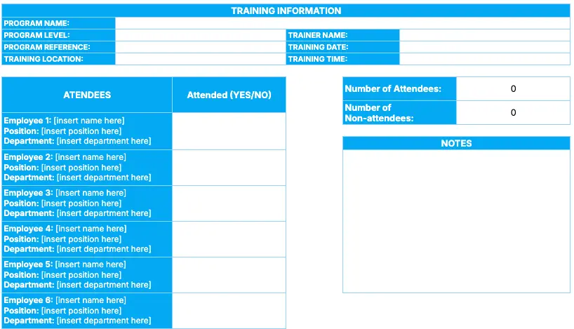 Training attendance template